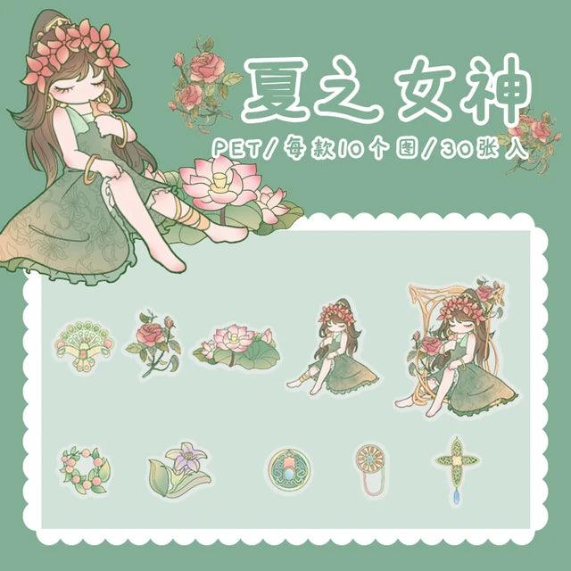 Dark Sea Green Flower Girl Illustration PET Sticker