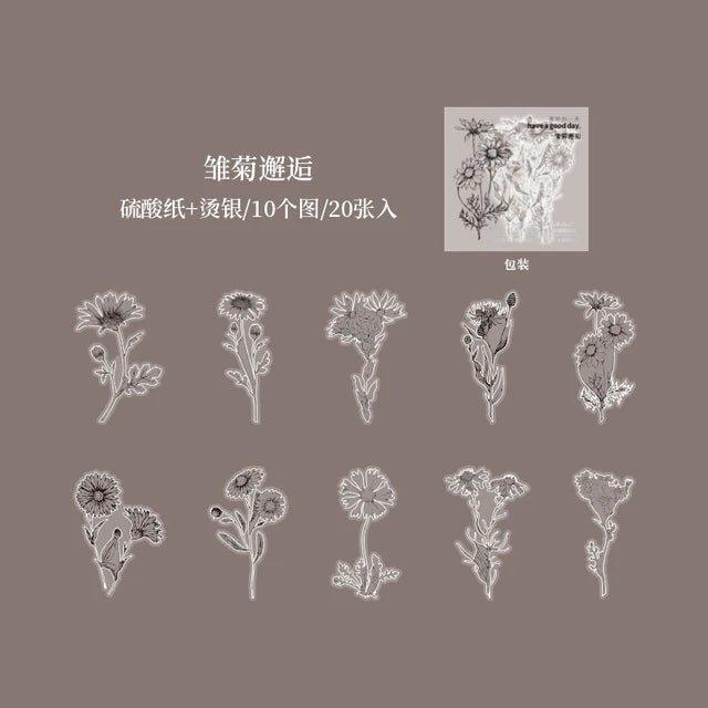 Silver Bronzed Flower Stickers - Journal Carnival